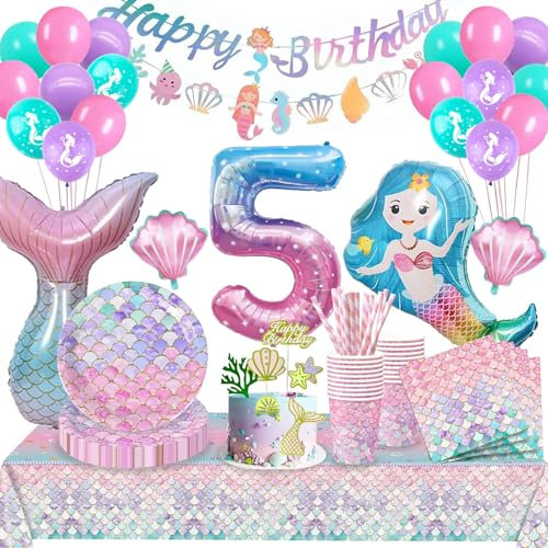 Décoration Sirène pour Anniversaire 5 Ans - Vaisselle et Ballons pour Fête de Fille - Assiettes et Accessoires