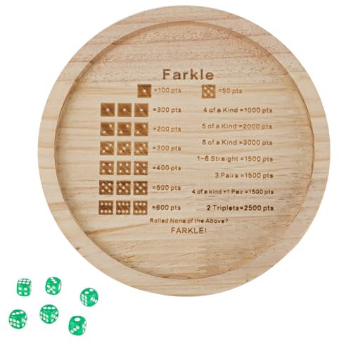 NQEUEPN Wooden Farkle Dice Tray with 6 Dice, 7 Inch Round, Wood Color, Black, Green, Solid, Simple Style, Game-Specific Design, Perfect for Family Gatherings