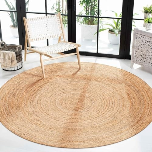 Craft Trade Handgewebt Natur Boho Jute Teppich Reversibel Geflochten Waschbarer Rund Juteteppich für Küche Wohnzimmer und Schlafzimmer- 90 cm
