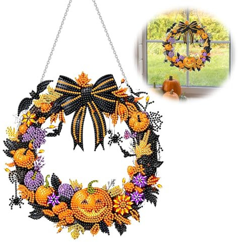 Vordpe Peinture Diamant DIY Halloween Couronne de Porte Décorative Unique Face Diamant Peinture Automne avec Chaîne Peinture Diamant Couronne de Porte pour Halloween Fenêtre Décoration Murale