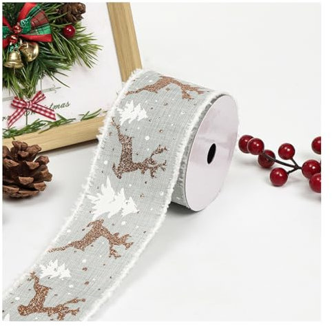 Wisafory Weihnachtsband Hirsch mit Draht Geschenkband Schleifenband Glitzer Band Stoffband für Geschenkverpackung Weihnachten Hochzeit Schleifenherstellung DIY Basteln 6.3cm x 5 Yards Hellgrau