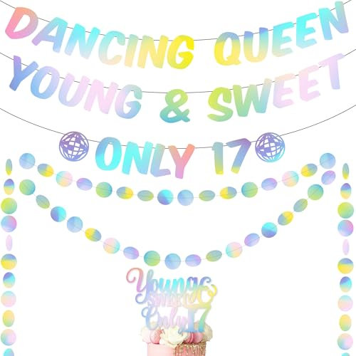 17th Dancing Queen Geburtstag Party Dekorationen - Silber Junge und Süße Disco Banner für Mädchen, Glitzer nur 17 Cake Topper Kreis Punkt Hängend für Bachelorette Decor