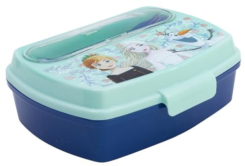 KP Pharma Disney La Reine des Neiges Boîte à sandwich pour enfants avec couverts, durable, sans BPA, avec cuillère et fourchette, facile à nettoyer et de qualité alimentaire, parfaite pour l'école