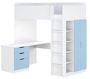 Shefa Kids Hochbett Mit Schreibtisch - Platzsparendes 5-in-1 Hochbett Kinder Mit Treppe, Kleiderschrank, Regal & Arbeitsbereich - Blau, Belastbar Bis 90 Kg, Maße: 206 x 107 cm