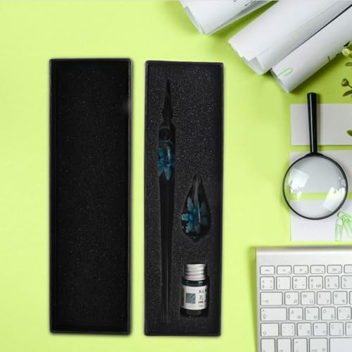 Yinhing Glass Fountain Pen, Dip Fountain Pen Glass Dip Pen Ink Storage 7.28inch for Writing (Rosy) (Light Blue)