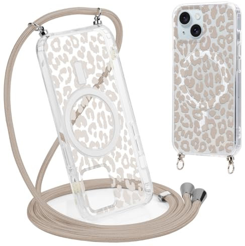 Coalbooliy Magnetique Coque pour iPhone 15 6,1 avec Cordon, Aesthetic Motif Léopard Case Étui Compatible avec MagSafe Transparent Silicone Lanyard Housse Protection Collier Corde Cover Femmes, 01