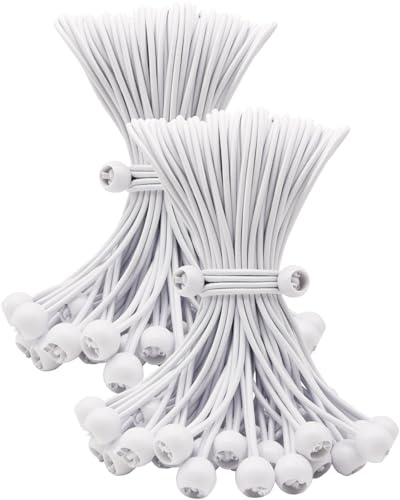 BINCKIN Lot de 100 tendeurs élastiques avec boule, 25,4 cm, accessoires de tente d'extérieur robustes pour bâche de camping, auvent et fixations (blanc)
