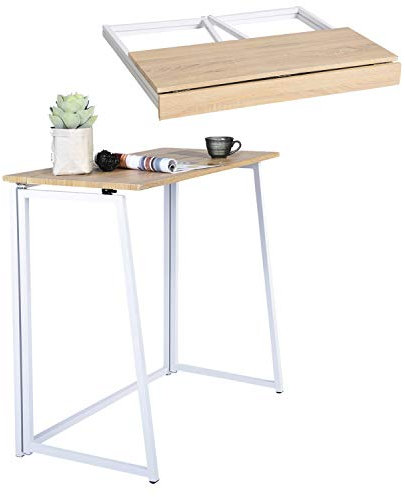 MEUBLE COSY Table Pliante pour Petits Espaces, Tables Consoles de Salon Pliante, Assemblage Facile, Cadre en Métal, Chêne + Blanc, 80x40x74cm