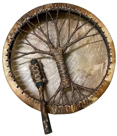 Ungtyb Shaman Drum, Hand Drum Instrument, Decorative Cultural Craft, Percussion Music Tool, Lightweight Sound Maker, Rhythmic Practice for Beginners Home Studio Spiritual Space 9.84x9.84x3.15in