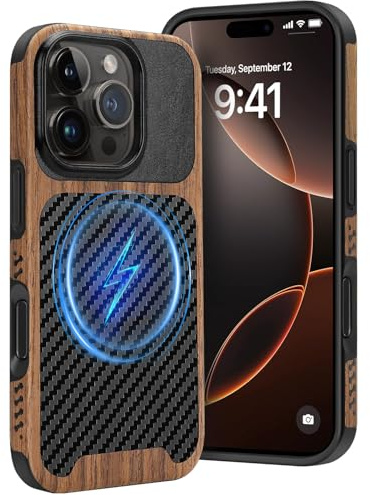 Dolstrap Magnetic Case Compatible with iPhone 16 Pro Max Case (Compatible with Magsafe), (Natural Wood & Leather & Carbon Fiber Hybrid) Rugged Slim Phone Cover, Black