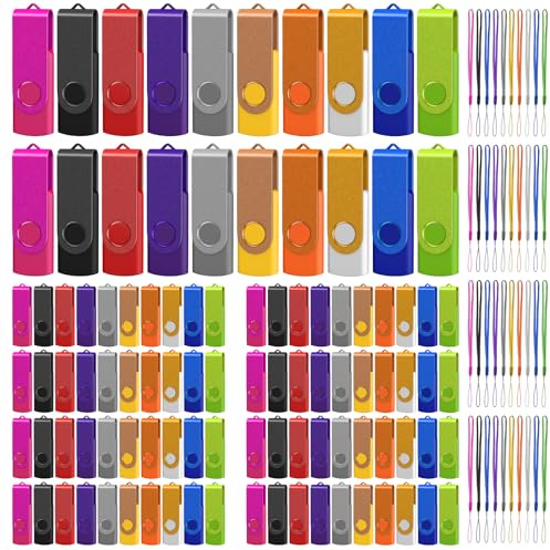 DAUZZOX Lot de 100 Clés USB 1Go 2.0 Pivotantes avec Cordons (Multicolore) | Design rotatif 360°, Plug and Play, avec Lumière LED, Vitesse lecture 17-20 Mo/s et écriture 6-10 Mo/s