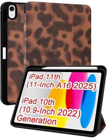 Jusy Hülle für iPad 11. Generation (2025, A16) & iPad 10. Generation (2022) – Schutzhülle mit Stifthalter, Dreifach Faltbarer Stand, Soft-TPU Gehäuse, Ästhetisches Schildpatt-Design, Braun