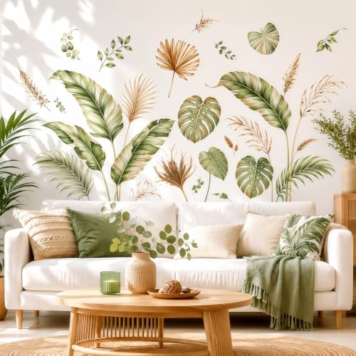 Wandtattoo Boho, Wandaufkleber Tropische Pflanzen Palme Blätter, Grüne Wandsticker, Wanddeko Selbst Klebend, Wandtattoo für Badezimmer, Kinderzimmer, Schlafzimmer, Wohnzimmer