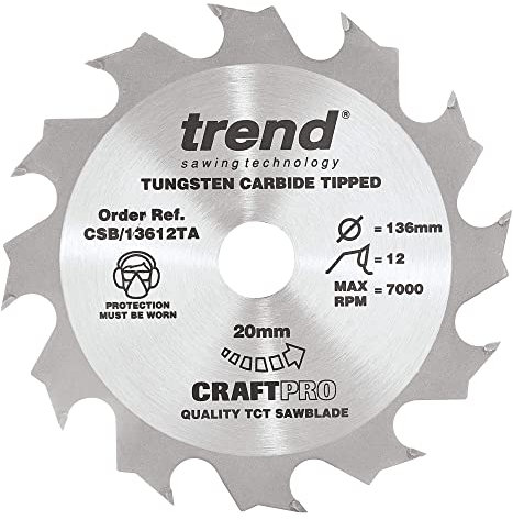 Trend Wood Akku-Kreissägeblatt, 136 mm Durchmesser, 20 mm Bohrung, 12 Zähne, 1,5 mm Schnittfuge, +15° Haken, TCT, grobe Oberfläche, CSB/13612TA