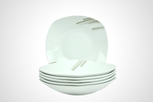 Van Well 6er Set Suppenteller Nevada, Menü-Teller, 450 ml, 215 x 215 mm, Salatteller, Servierschale, Porzellan-Geschirr, abstraktes Dekor, Stripes, Gastro