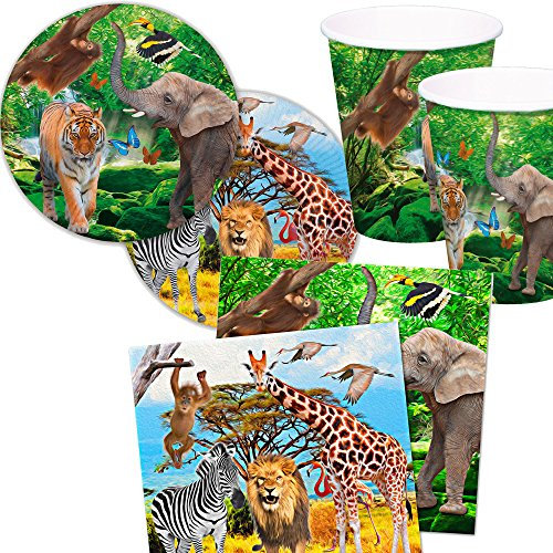 Folat 37-teiliges Set * Safari & Zoo * mit Pappteller + Servietten + Becher + Deko für Kindergeburtstag Teller Becher Geschirr Party Deko Dekoration Kinder Geburtstag Mottoparty