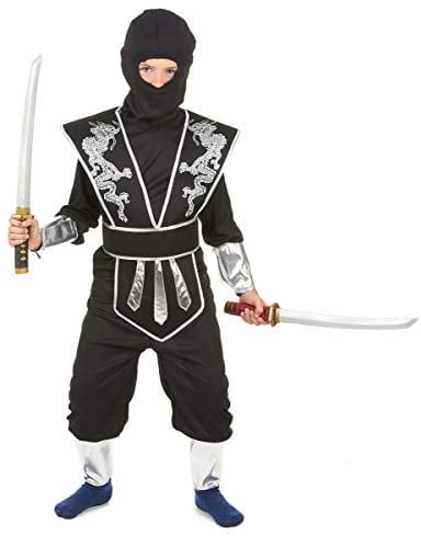 DEGUISE TOI - Déguisement ninja noir et argenté garçon - Tee-shirt - Plastron - Pantalon - Ceinture - 2 jambières - 2 manchons - Cagoule - L 10-12 ans (130-140 cm) - Noir - Déguisements enfants