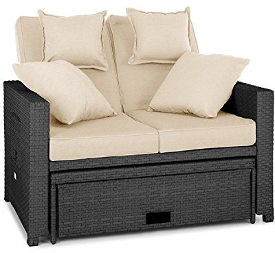 blumfeldt Canapé Lounge 2 Places rotin synthétique Noir(Tables Pliantes sur Les Deux côtés, Tubes d’Acier avec revêtement élégant, Repose-Pieds Extensible) - Coussins Gris Clair