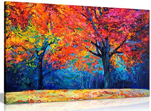 Abstract Contemporary Painting Colourful Autumn Forest Canvas Wall Art Picture Print (24x16in)