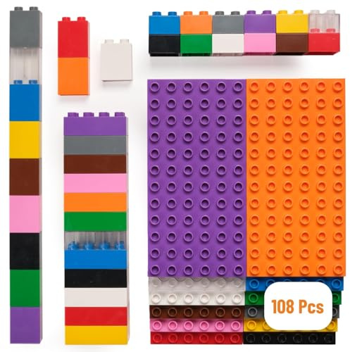 Strictly Briks Spielzeugbaustein, großes Ziegelturm-Set für Kinder ab 3 Jahren, kompatibel mit großen Marken, Regenbogen, 12 7,5 x 3,75 Zoll große Platten und 96 Verschiedene große Steine, 108 Teile