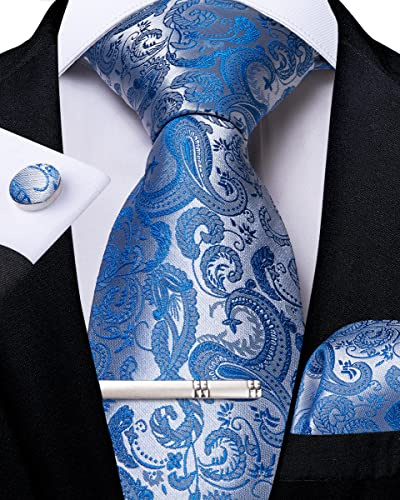 DiBanGu Men's Necktie Handkerchief Silk Paisley Floral Tie Pocket Square Cufflink Set, 150cm, Light Blue2