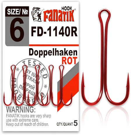 FANATIK Doppelhaken Double Hook FD-1140 gr. 8, 7, 6, 4, 2, 1, 1/0, 2/0, 3/0 jig Angel Fishing Hook für Gummiköder Offset (Rot, 50mm - #3/0-3 Stück)