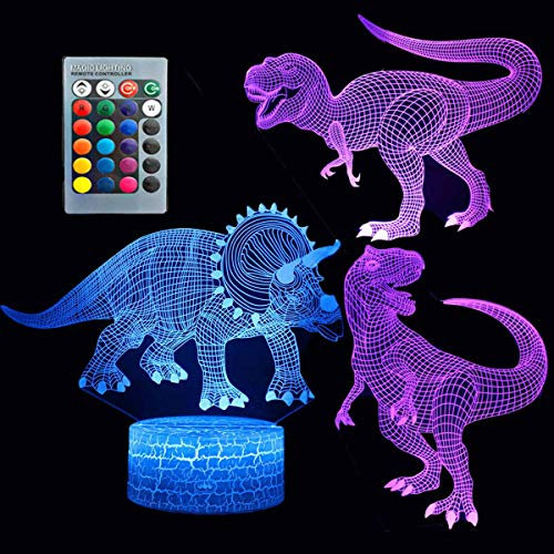 ZYTC Dinosaurier 3D Nachtlicht Touch Tisch Schreibtischlampe Drei Muster 7 Farben Optische Täuschung Lichter mit Acryl Flach & ABS Crack Base & USB Cabler für Kinder