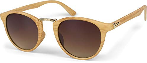styleBREAKER Damen Panto Sonnenbrille in Holz Optik runde Gläser, Nasensteg aus Metall, Vollrand Kunststoff Gestell 09020083, Farbe:Gestell Hellbraun-Gold/Glas Braun Verlauf