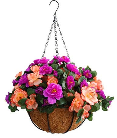 Drinnen und draußen Seidenblumen Kette Hängender Korb Blumentopf Gefälschte Blume DIY Künstliche Blumen Azalee Champagner und Lila (Kleiner Korb)