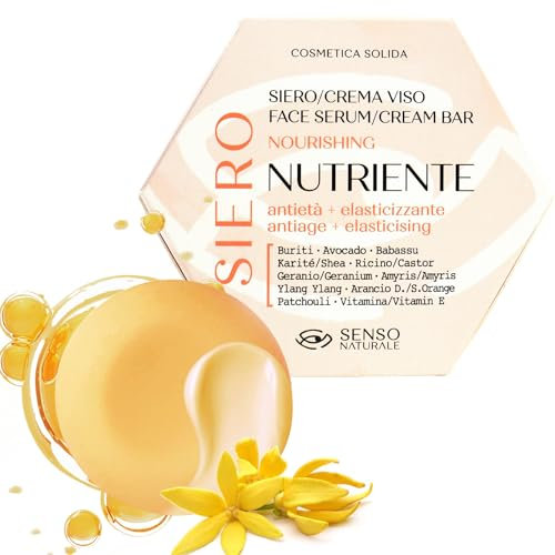 Senso Naturale Siero Viso Solido Antiage Elasticizzante Nutriente Vitamina E 100% Naturale e Biologico Crema Viso Pelle Secca o Matura, Maschera Tonificante Notte, Vegano Concentrato