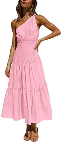 Yesgirl Vestiti Donna Estivi Casual Maniche Senza Abiti Elegante Abito a Pieghe Monospalla Tinta Unita Vestito Lungo Chic Maxi Abito da Spiaggia a Tunica Rosa S