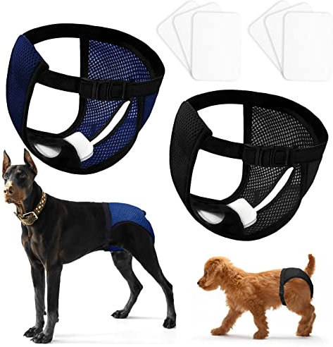 2 Pack Hundewindeln für Hündinnen Mit 16 Hygienepad,Wiederverwendbare Läufigkeitshose für Monatsblutung,verstellbarwaschbar hundewindeln,Schwarz und blau (L)