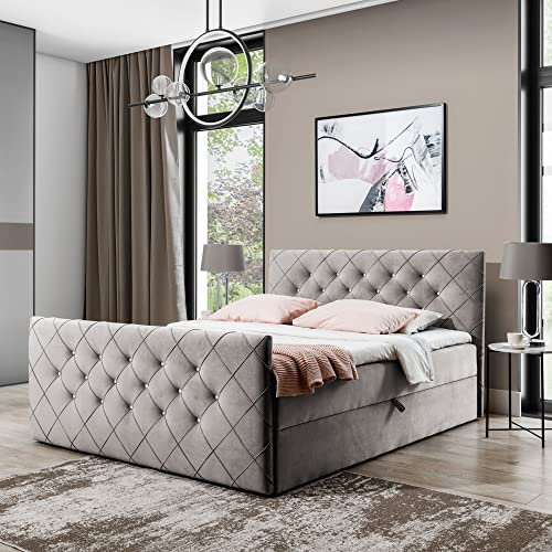Boxspringbett Doppelbett MONAKO - Bett mit Bonellmatratze, mit Bettkasten für Bettwäsche und Topper. Gepolstertes Kopfteil und Fussteil mit Einer eleganten Steppung verziert (Cappucino, 140x200)
