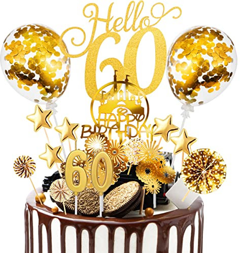 Tortendeko 60 Geburtstag Frau Männer 17 Pcs Cake Topper 60 Happy Birthday Kuchen Dekoration 60 Geburtstag Torten Topper mit Zahlenkerze 60, Sternen Konfetti-Luftballons und Papierfächer Gold