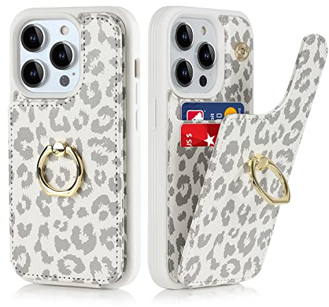 Cavor Phone Case compatible with iPhone 13 Pro Case With Card Holder,Flip Folio Leather Wallet Case,Ring Kickstand Shockproof Cover Case compatible with iPhone 13 Pro - White Leopard