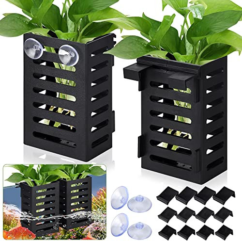 Lot de 2 supports de plantes d'aquarium avec crochets et ventouses, pots de fleurs aquatiques à suspendre pour décoration d'aquarium, plantes d'aquarium vivantes