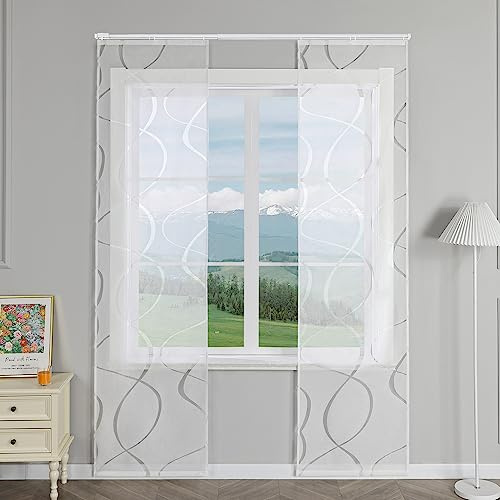 Delien Schiebevorhänge 2er Set Ausbrenner Schiebe Flächenvorhänge mit Wellen Muster Transparente Vorhang Modern Wohnzimmer Gardinen Fenster Schals mit Klettband BxH 57x145cm,Weiß