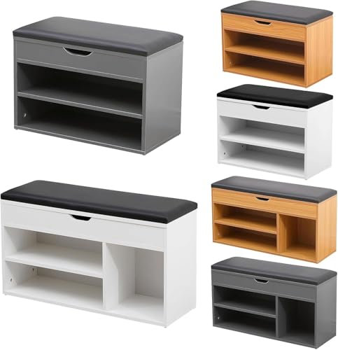 AVC Designs 60cm Shoe Bench White Wooden Shoe Storage Cabinet Organiser With Seat Cushion