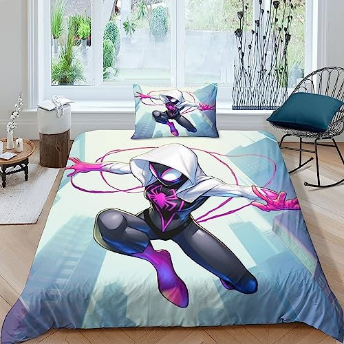 Spider - Gwen Für Kinder Mädchen Jungen 3D Gedruckter Marvel Bettbezug Set Bettwäschegarnitur Reissverschluss Bettwäsche Und Kissenbezüge Weich Microfaser 2 teilig Single(135x200cm)