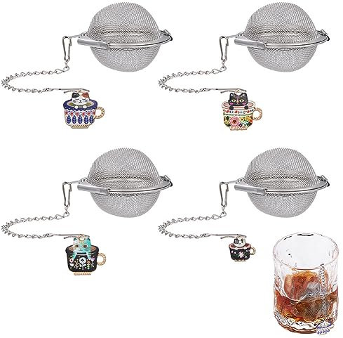 UNICRAFTALE 4 Sets Runde Teesieb 304 Edelstahl Teefilter Für Lose Tee Netz Teesieb Mit Legierung Emaille Katzenbecher Anhänger Kugel Mesh Tee Halter Tee Ei Zum Aufbrühen von Tee Gewürze Und Gewürze