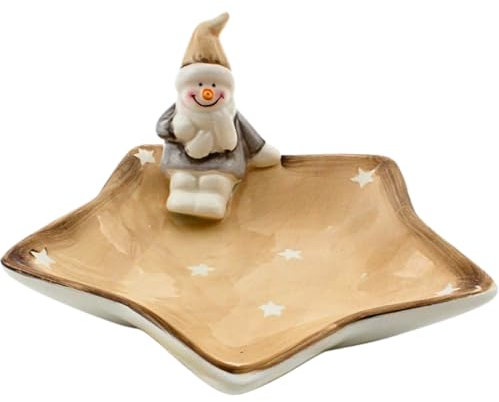 Keramik Dekoschale - Dekoteller als Stern mit Schneemann, L/B/H 14 x 5,5 x 8 cm