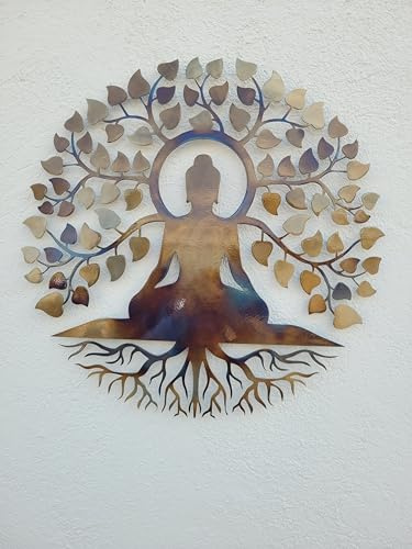 Décoration Murale Métal – Bouddha & Arbre de Vie, Sculpture Murale en Acier 100 cm, Art Mural Zen, Design Unique avec Effet de Chaleur