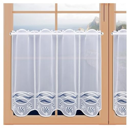 artex deko Scheibengardine Meeresrauschen Echte Plauener Spitze maritimer Scheibenhänger mit Muscheln in weiß-blau Badgardine 40 x 64 cm