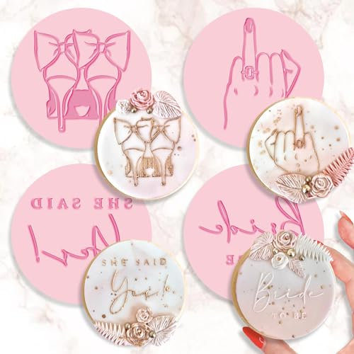 Bake Box Boutique Lot de 4 gaufreurs de tampons de fiançailles pour future mariée, gaufreurs pour fondant, cupcakes, emporte-pièces, débosseurs pour mariée, tribu, enterrement de vie de jeune fille, d