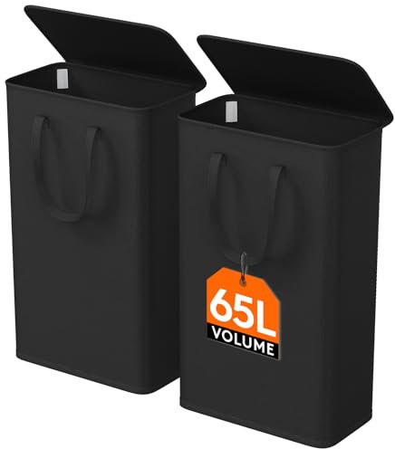 Lifewit 2 Piezas Cesto Ropa Sucia Estrecho con Tapa 65L, Cesta Ropa Sucia con Asas Extendidas, Cesta de Almacenamiento, Cubo Ropa Sucia Pequeño Plegable para Baño, Dormitorio, Lavadero, Negro