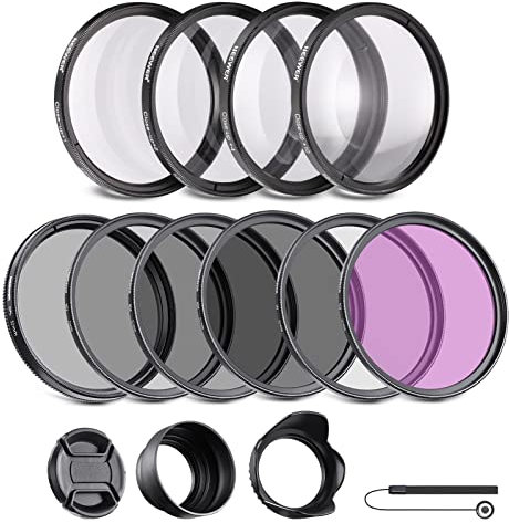 NEEWER 52mm ND/CPL/UV/FLD/Close Up Filter and Lens Accessories Kit with ND2 ND4 ND8, Close Up Filters(+1/+2/+4/+10), Tulip Lens Hood, Collapsible Rubber Lens Hood, Lens Cap, Filter Pouch