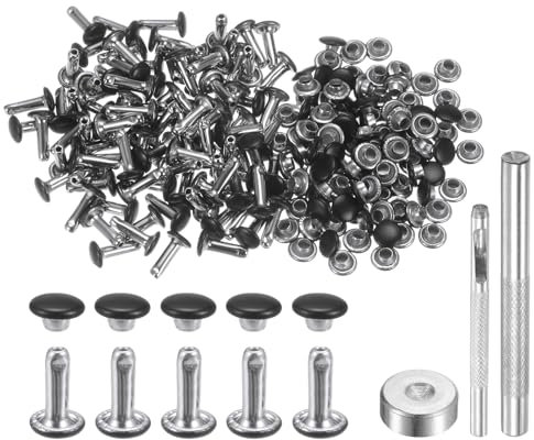 QUARKZMAN 100 Juegos Remaches de Cuero 6mm x 10mm Remaches de Metal de Doble Tapa Presión Broches Sujetadores Con 3 Instalación Herramientas para Cuero Manualidades Negro Mate