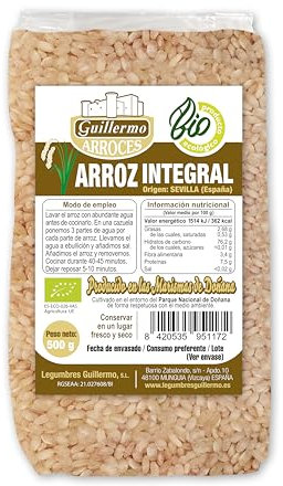 Guillermo | Arroz integral marismas de Doñana BIO - Paquete 500 g. | 100% ecológico | Contiene carbohidratos | Aporte de vitaminas