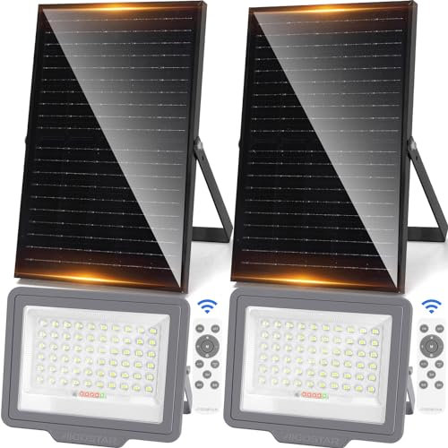 Aigostar - Foco solar exterior con mando a distancia,200W,gran panel solar y batería de gran capacidad 15000mAH.Luz solar LED,cable 2m, 6500K,para interior y jardín,patios,garajes o piscinas,2 piezas