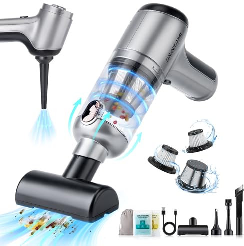 COLORCORAL Handheld Vacuum Cleaner, 16000Pa Brushless Powerful Car Vacuum Cleaner, 4-in-1 Cordless Mini Vacuum with 2Pack Cleaning Gel Air Duster Computer Vacuum for Car Interior,Pet Hair,Home, Desk